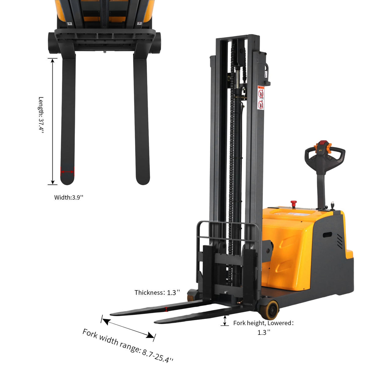 Electric pallet stacker detail with fork and frame measurements, yellow body.