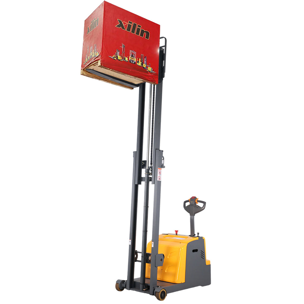 Electric pallet stacker carrying a red load board on forks, yellow body and black mast.
