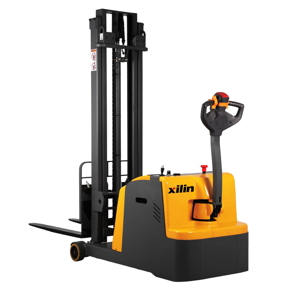 Electric pallet stacker with overhead guard, yellow power unit, and lift forks
