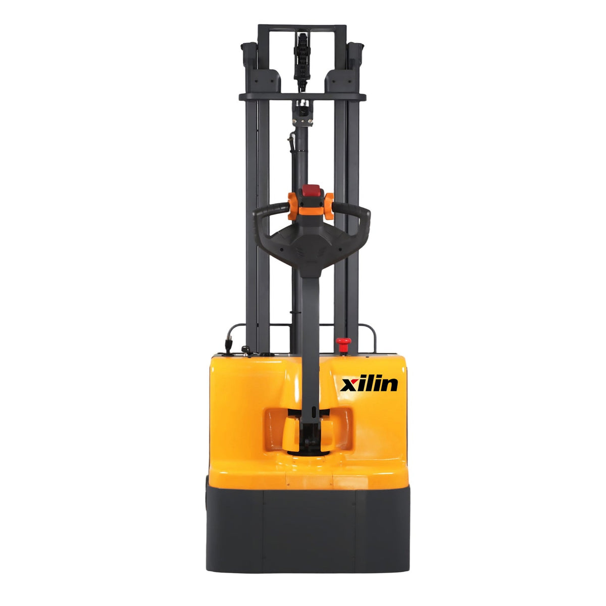 Front view electric pallet stacker with yellow body and black mast guard