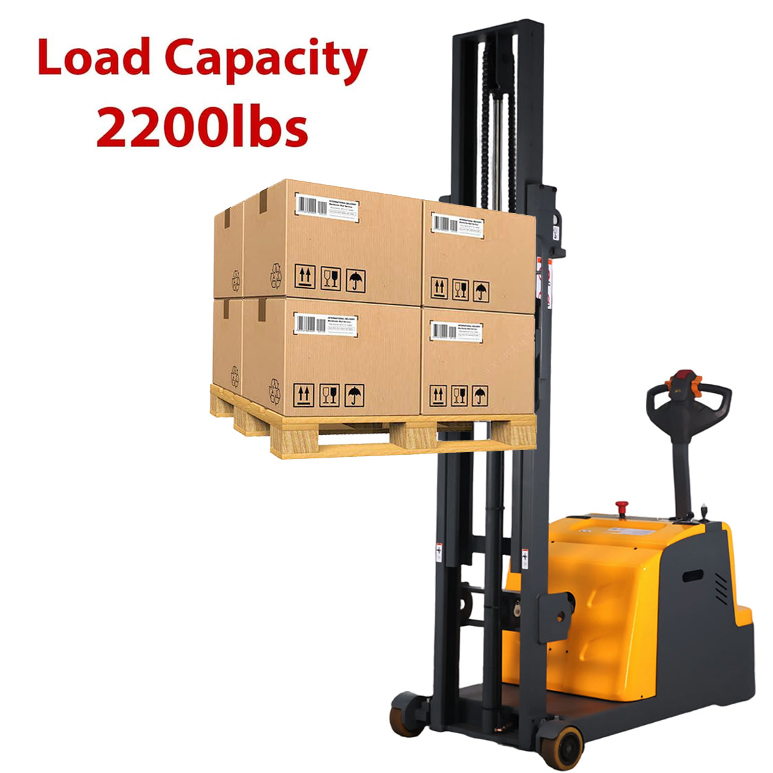 Electric pallet stacker lifting palletized boxes on forks with operator handle
