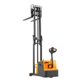 Counterbalanced electric pallet stacker with tall steel mast and fork carriage
