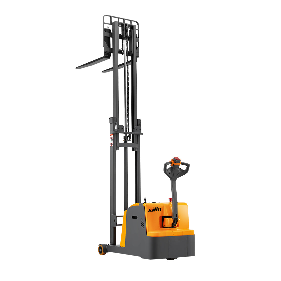 Counterbalanced electric pallet stacker with tall steel mast and fork carriage