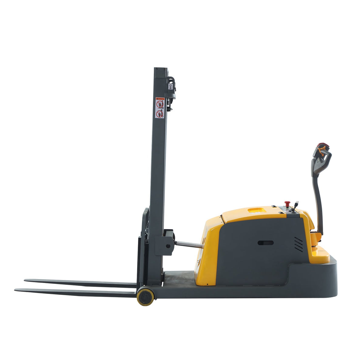 Side view electric pallet stacker with low forks and tall lifting mast