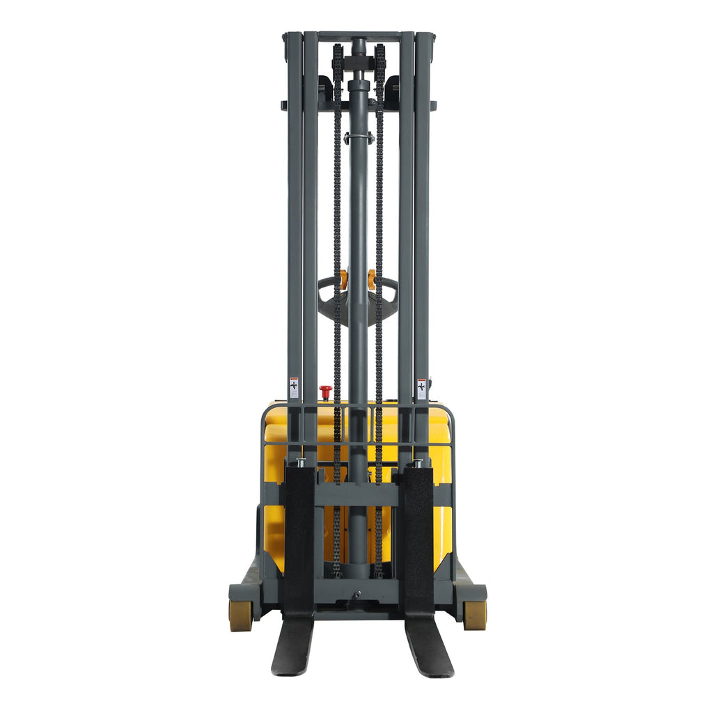 Front view electric stacker with steel mast and visible lifting chains
