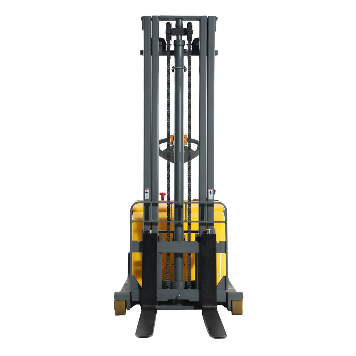 Front view electric stacker with steel mast and visible lifting chains