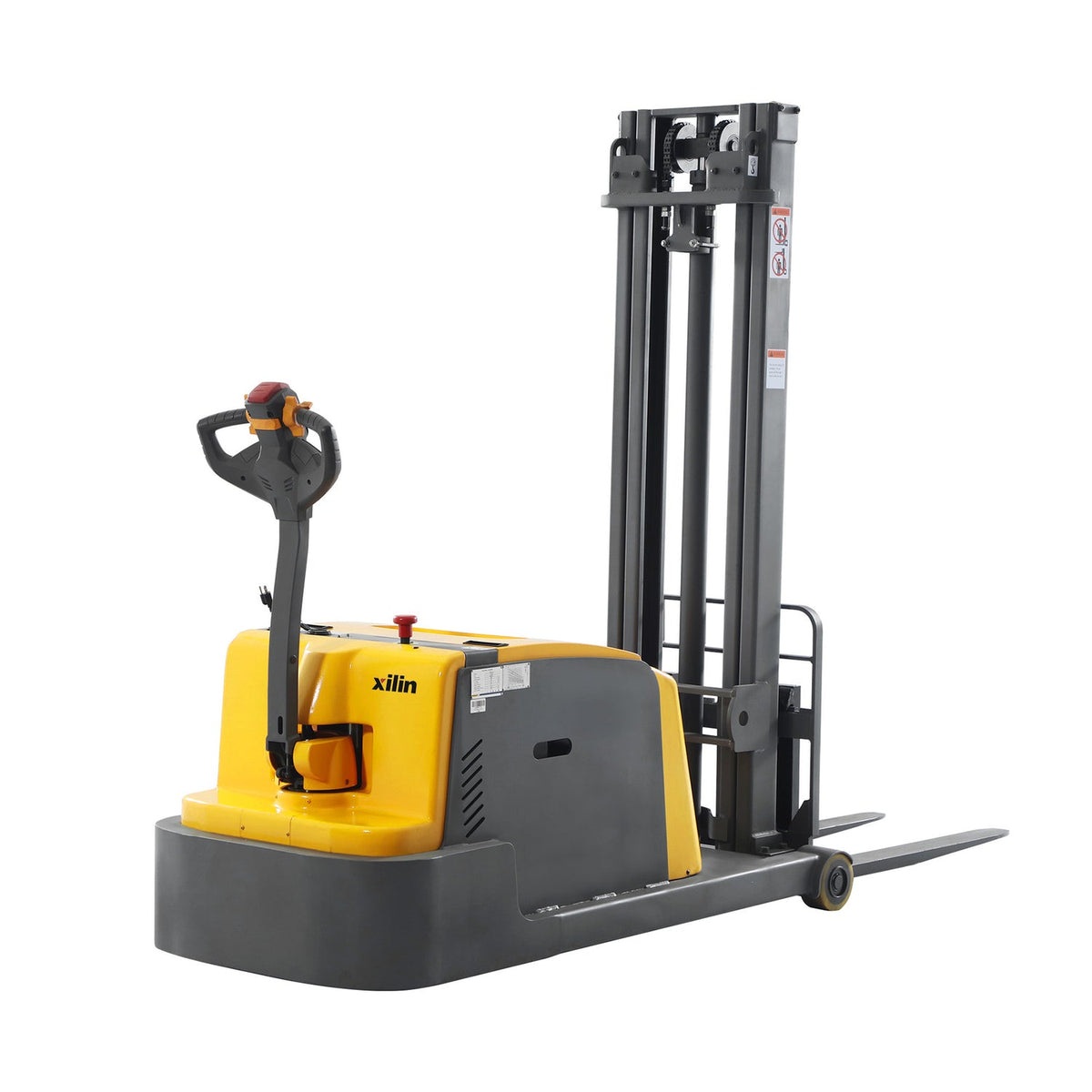 Yellow electric stacker with operator control handle and raised fork tines
