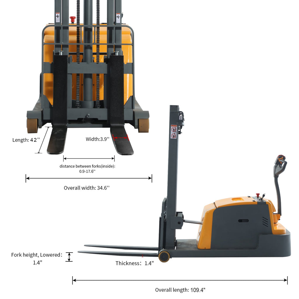 Electric stacker with forks and mast shown with overall size dimension lines