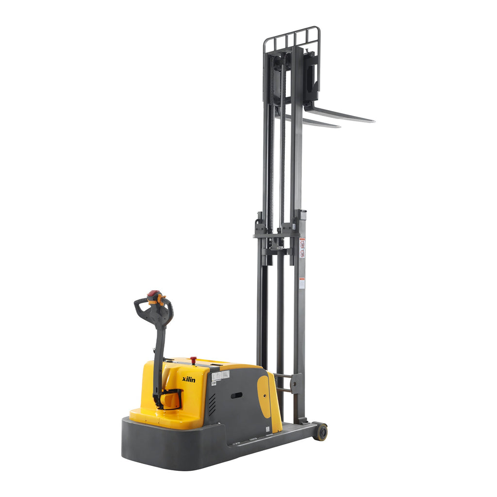 Yellow electric counterbalanced stacker with raised mast and fork tines