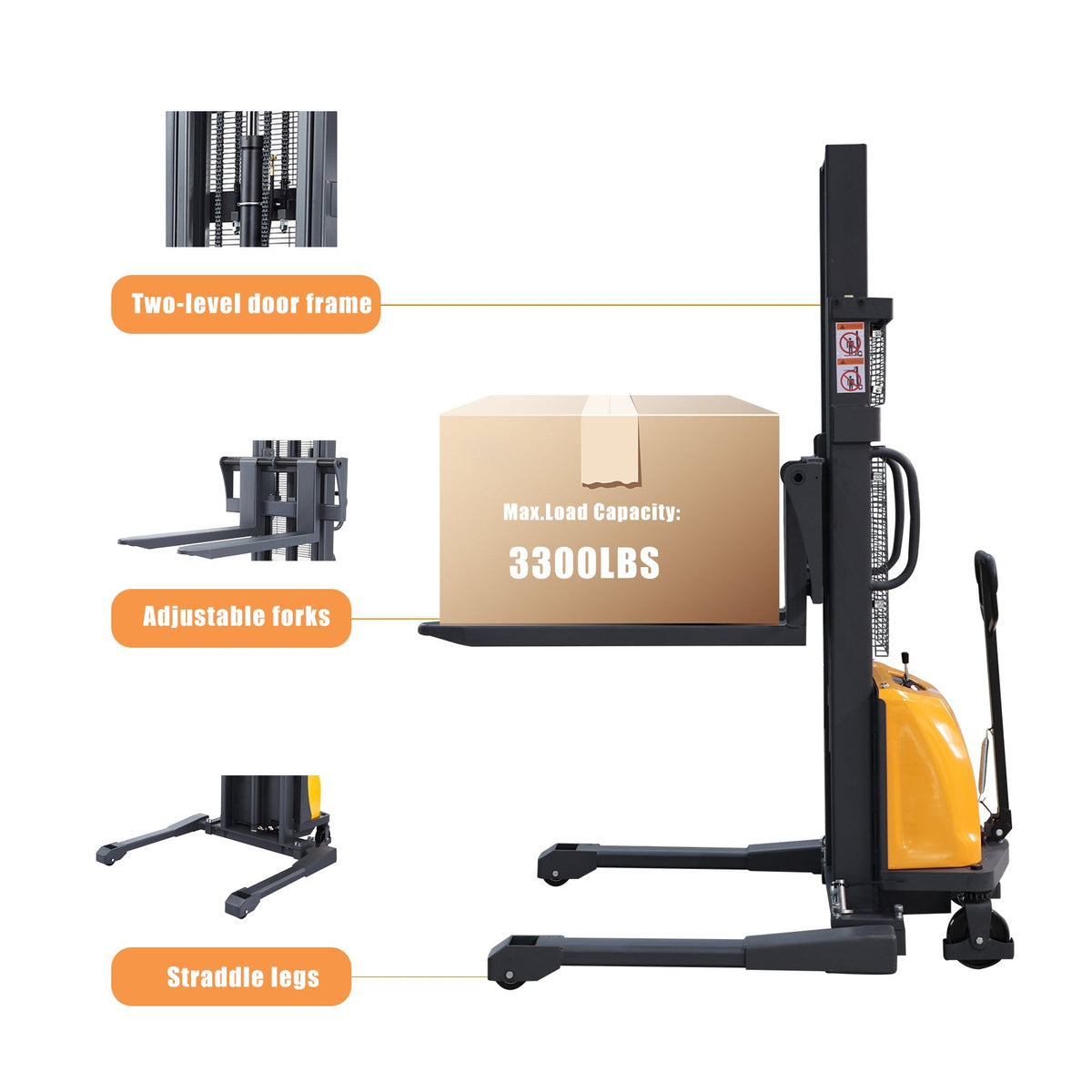 Semi-electric stacker with yellow body, black mast, and wide straddle legs