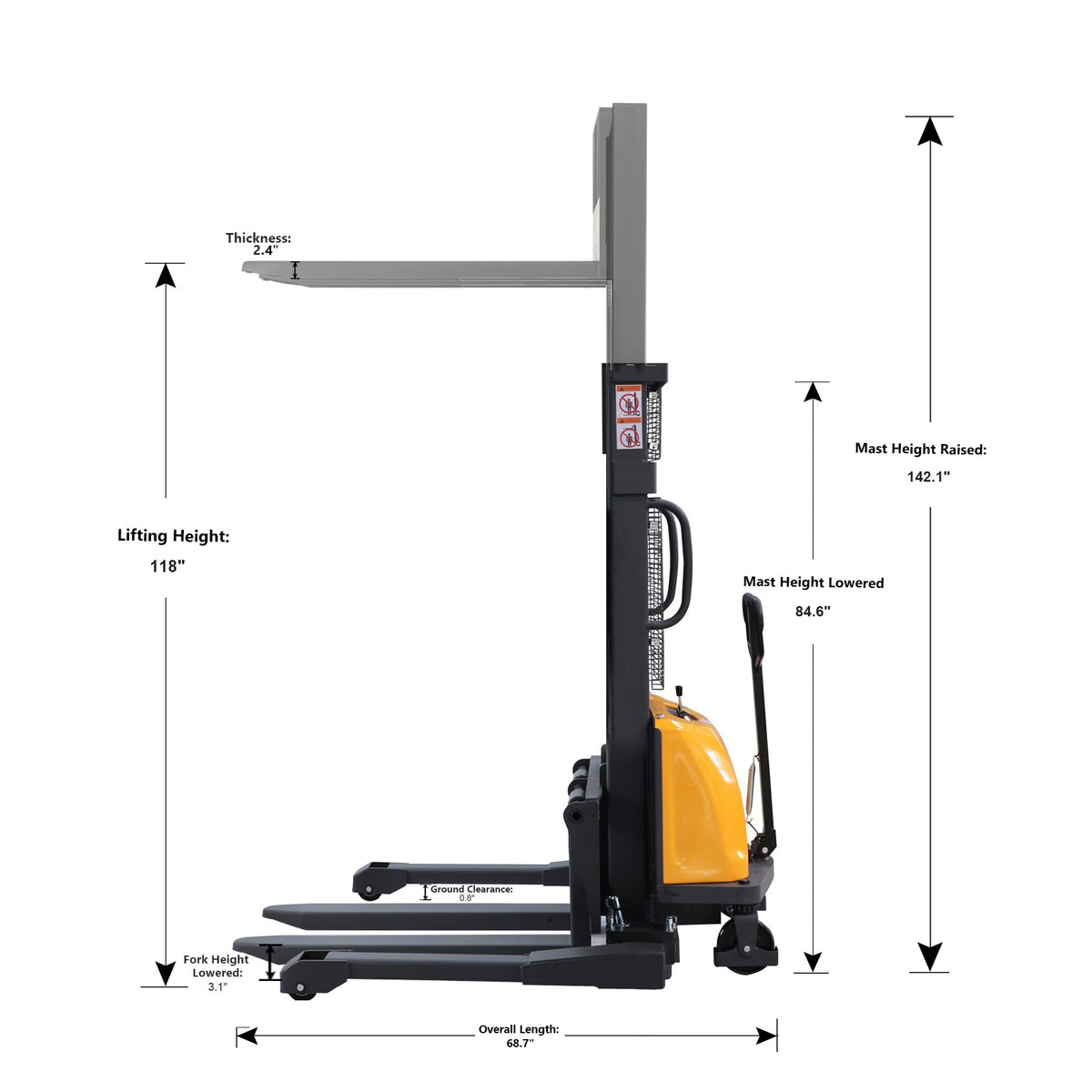 Semi-electric stacker with yellow body and black mast, shown with lift dimensions
