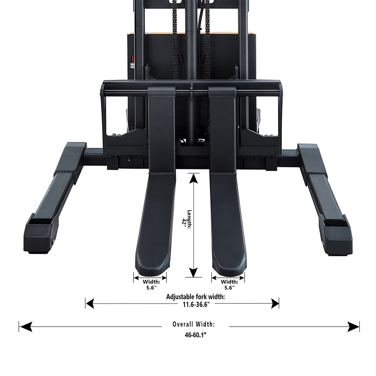 Semi-electric stacker fork carriage with adjustable fork arms and safety guards