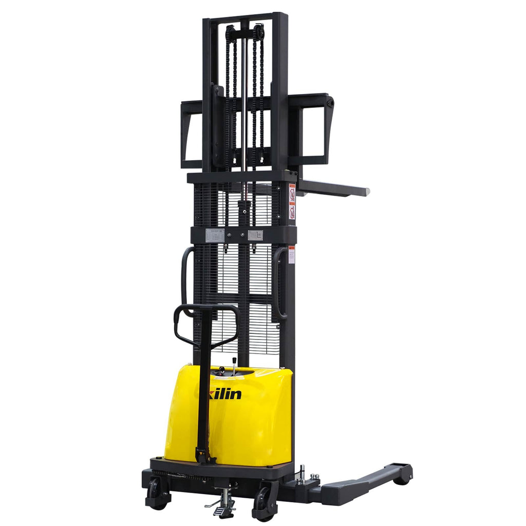 Semi-electric pallet stacker with tall mast, yellow lift platform, black forks