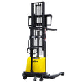 Semi-electric pallet stacker with tall mast, yellow lift platform, black forks