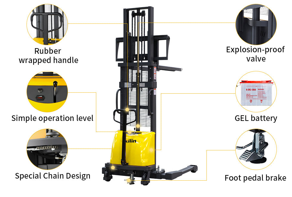 Semi-electric stacker with yellow body, fork lift mast, and control handle for lifting