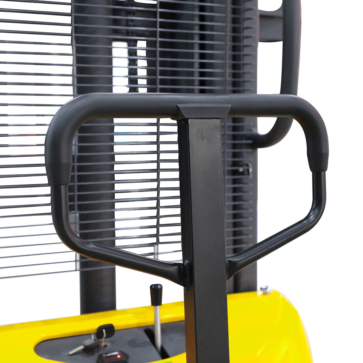 Semi-electric stacker front guard with black curved handle and yellow base