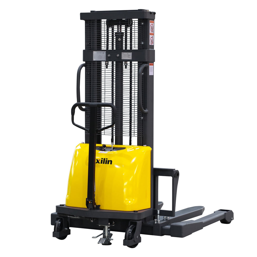 Yellow semi-electric pallet stacker with black mast and lifting forks
