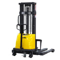 Yellow semi-electric pallet stacker with black mast and lifting forks