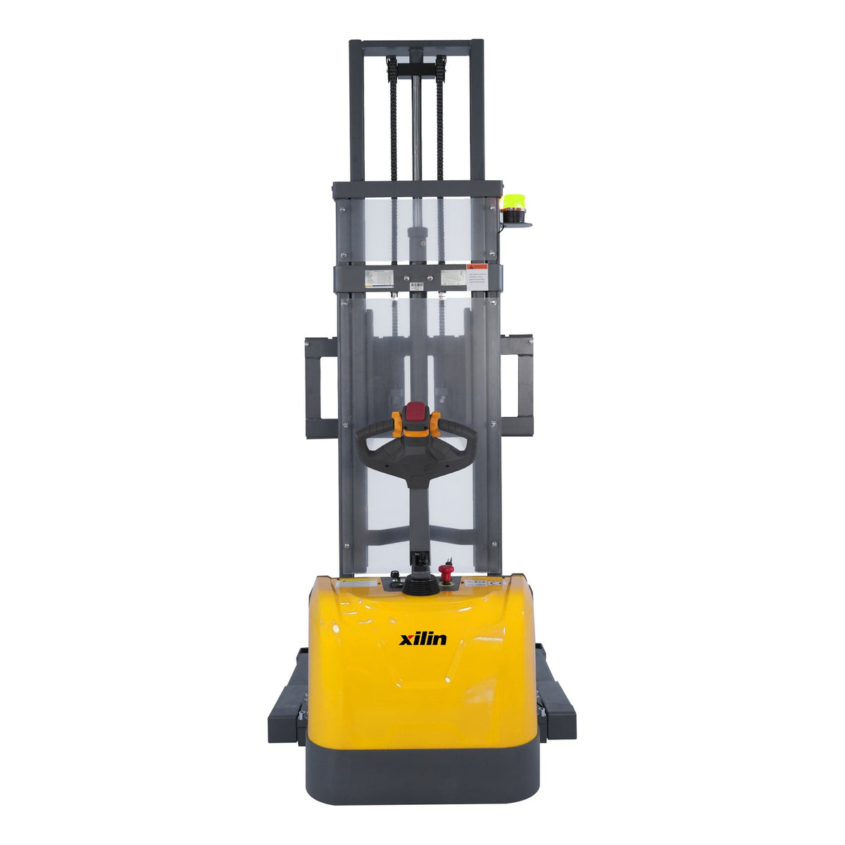 Front view of gray electric pallet stacker with yellow base and forks