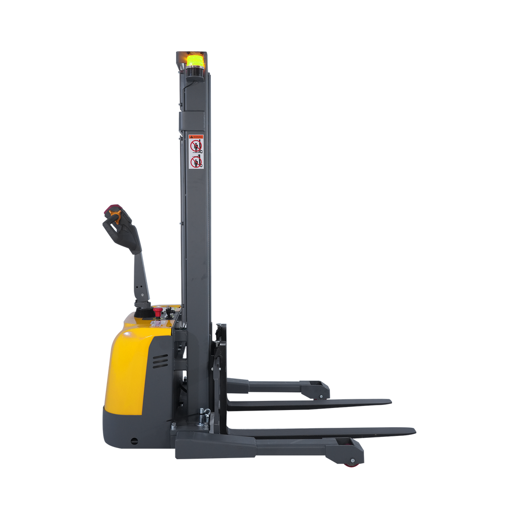 Yellow-and-gray electric pallet stacker with tall mast and black forks