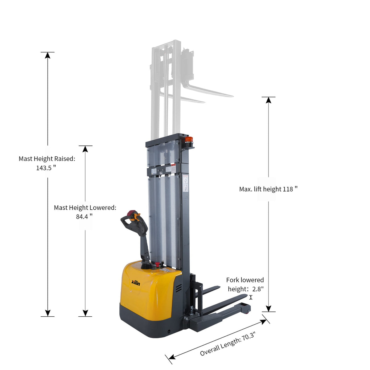 Diagram of electric pallet stacker showing lift height and fork height