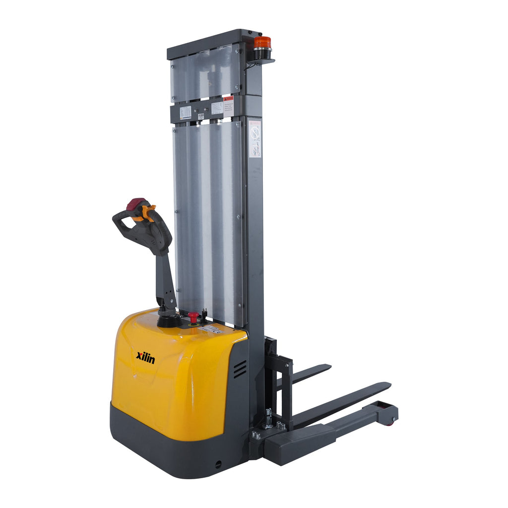 Yellow electric pallet stacker with raised mast and fork tines, operator control handle