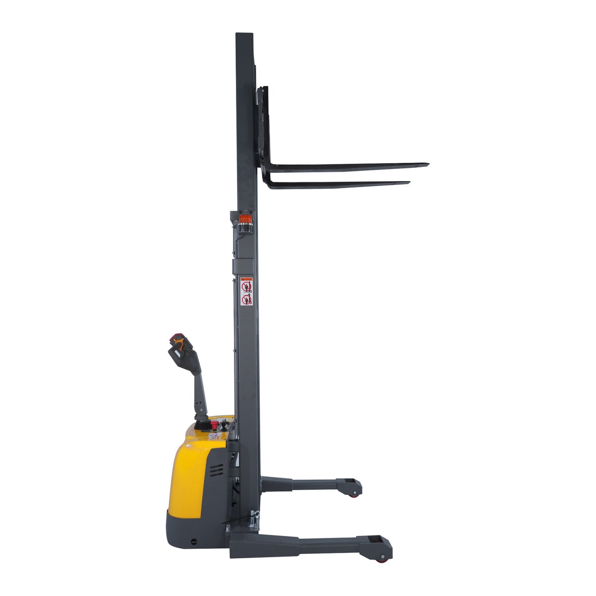 Gray electric pallet stacker with black forks and tall vertical lift mast