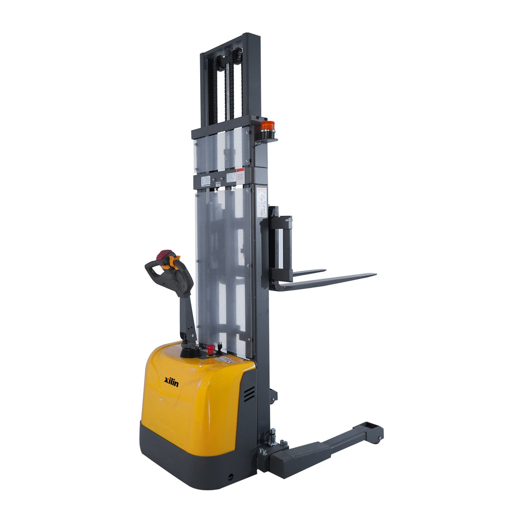 Yellow electric stacker forklift with operator platform, upright mast, and forks
