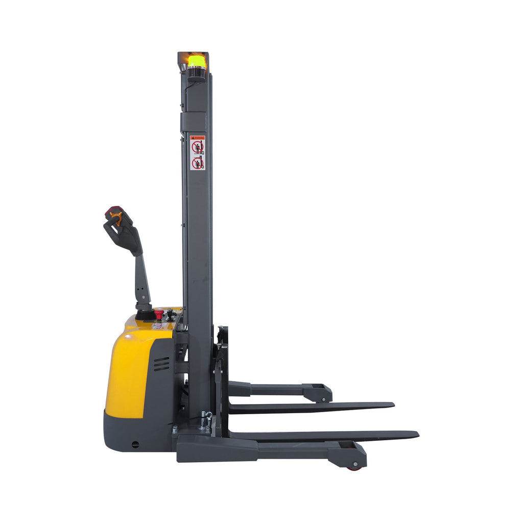 Yellow and gray electric stacker forklift with raised mast and horizontal forks