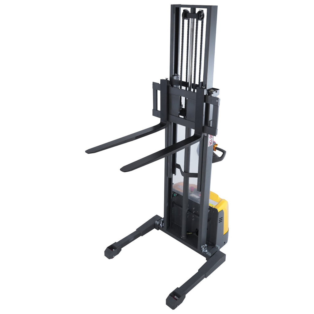 Black electric pallet stacker with yellow base, upright mast, and extended forks