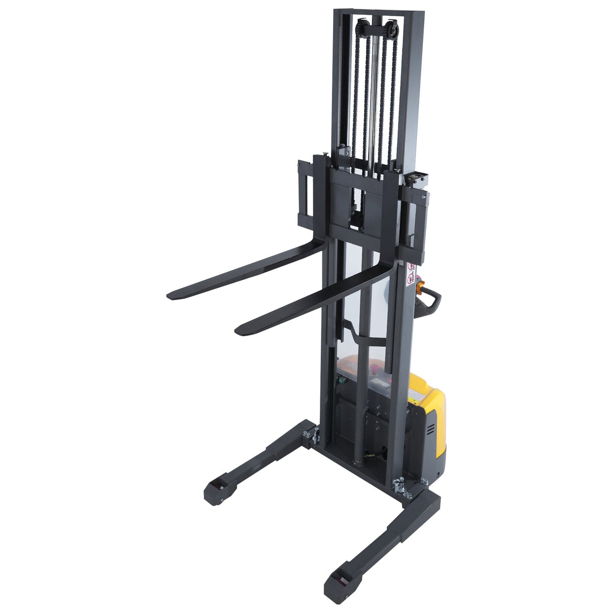 Black electric pallet stacker with yellow base, upright mast, and extended forks