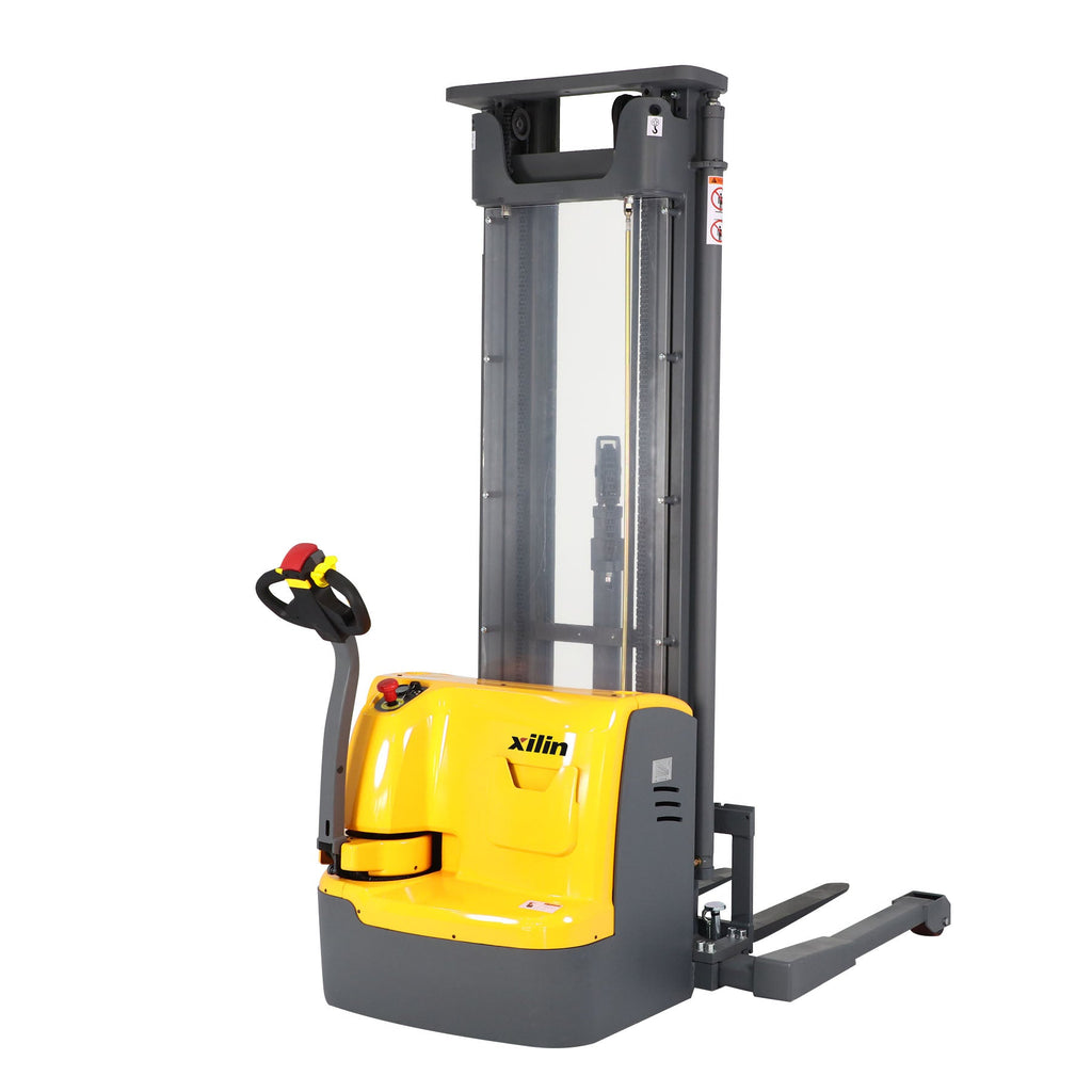 Yellow electric pallet stacker with raised mast and fork, operator handle