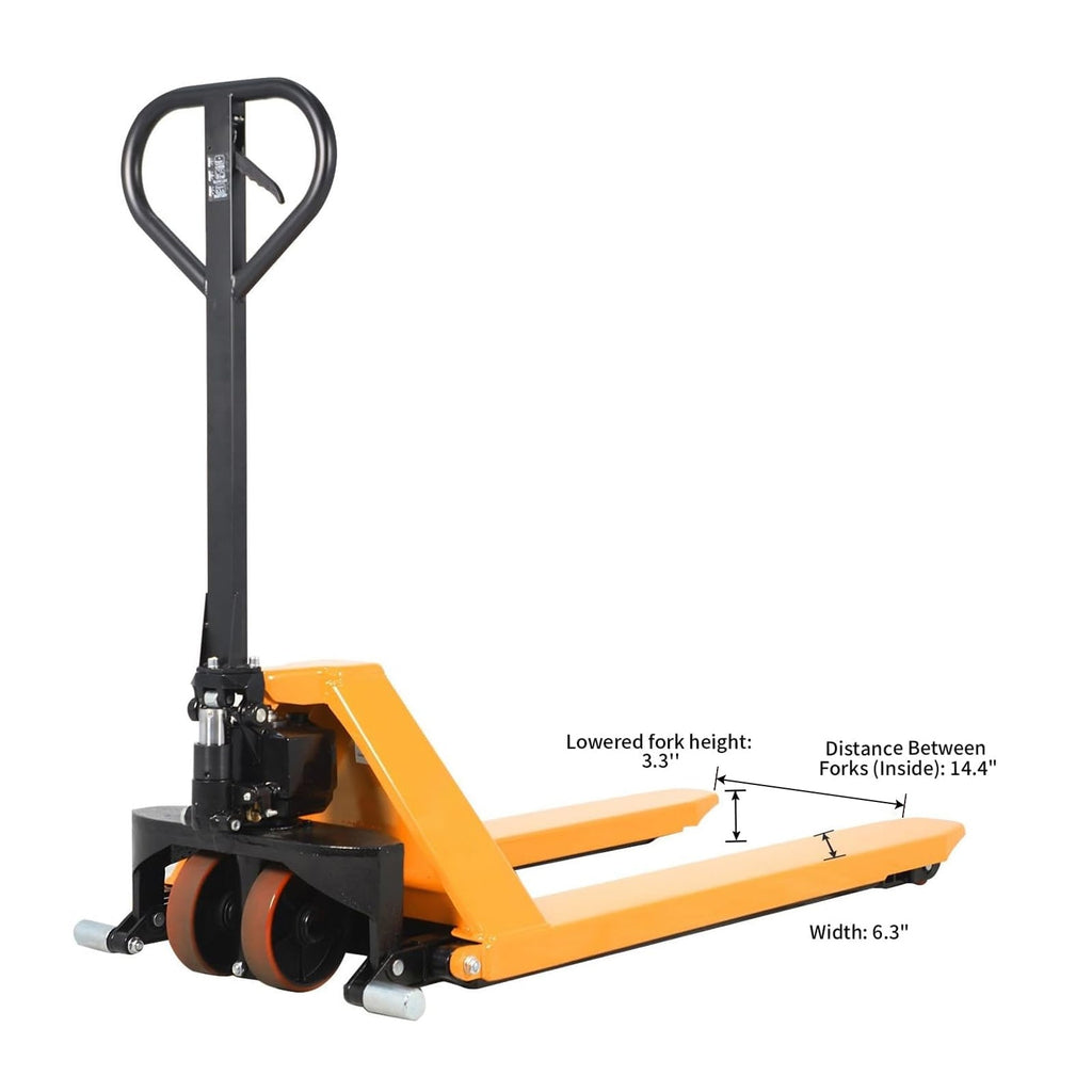 Orange high-lift pallet jack with black frame, lowered forks and 4 roller wheels
