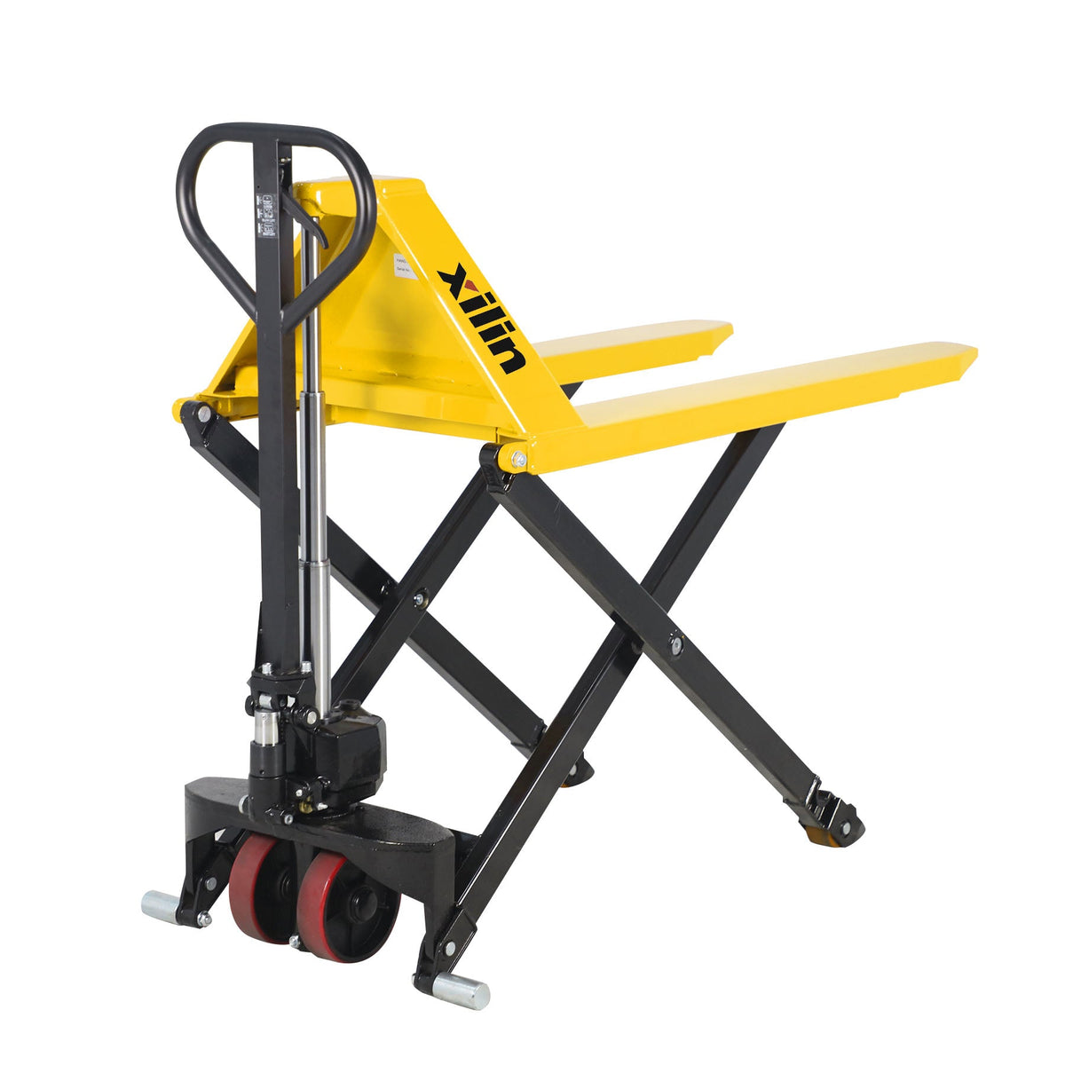 High lift pallet jack with yellow platform, black scissor lift, and dual caster wheels
