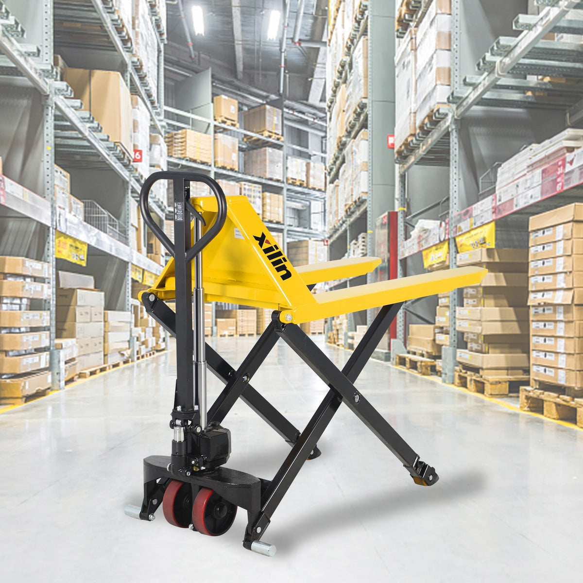 High lift pallet jack with raised yellow forks and black scissor frame