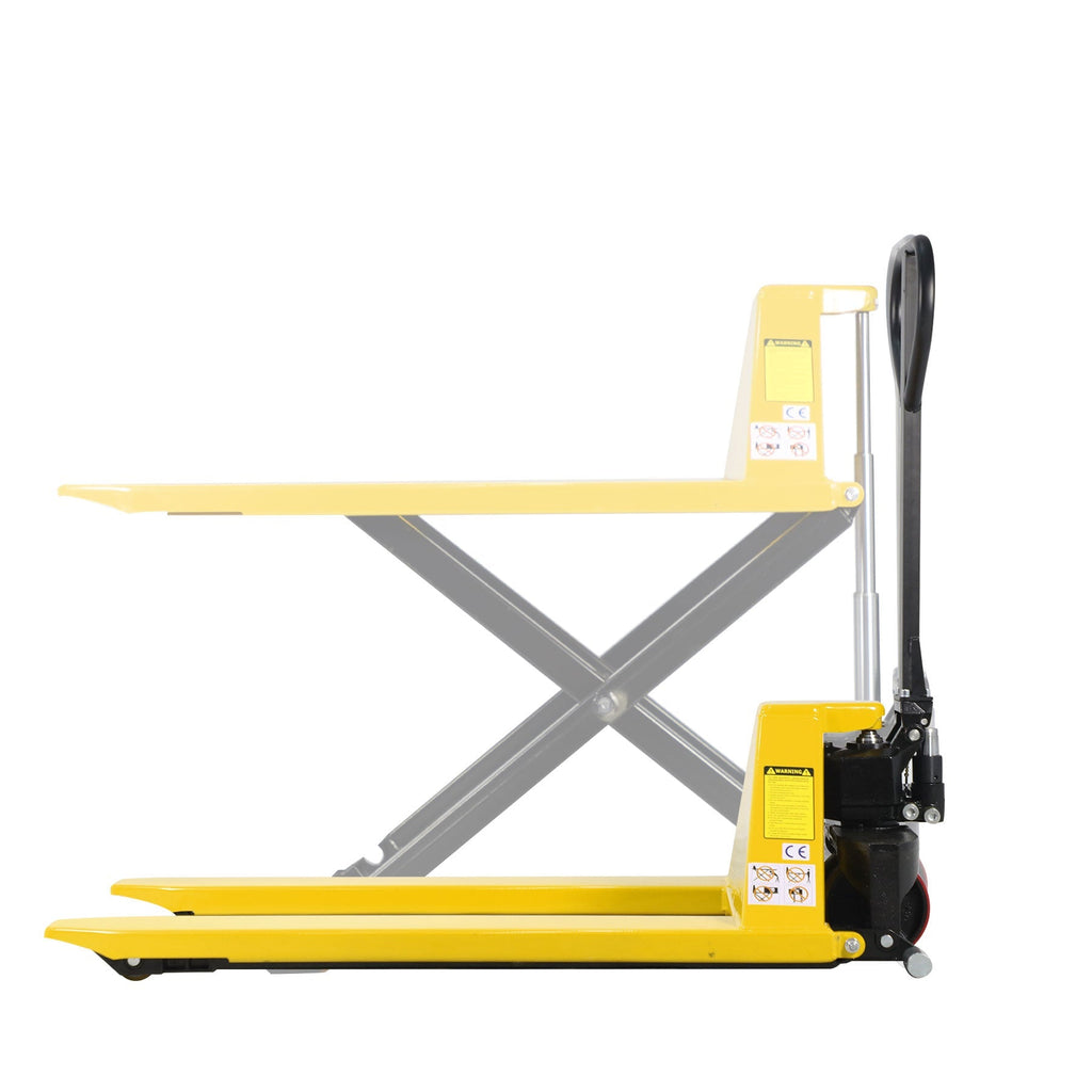 High lift pallet jack with extended forks and black hydraulic post, yellow body