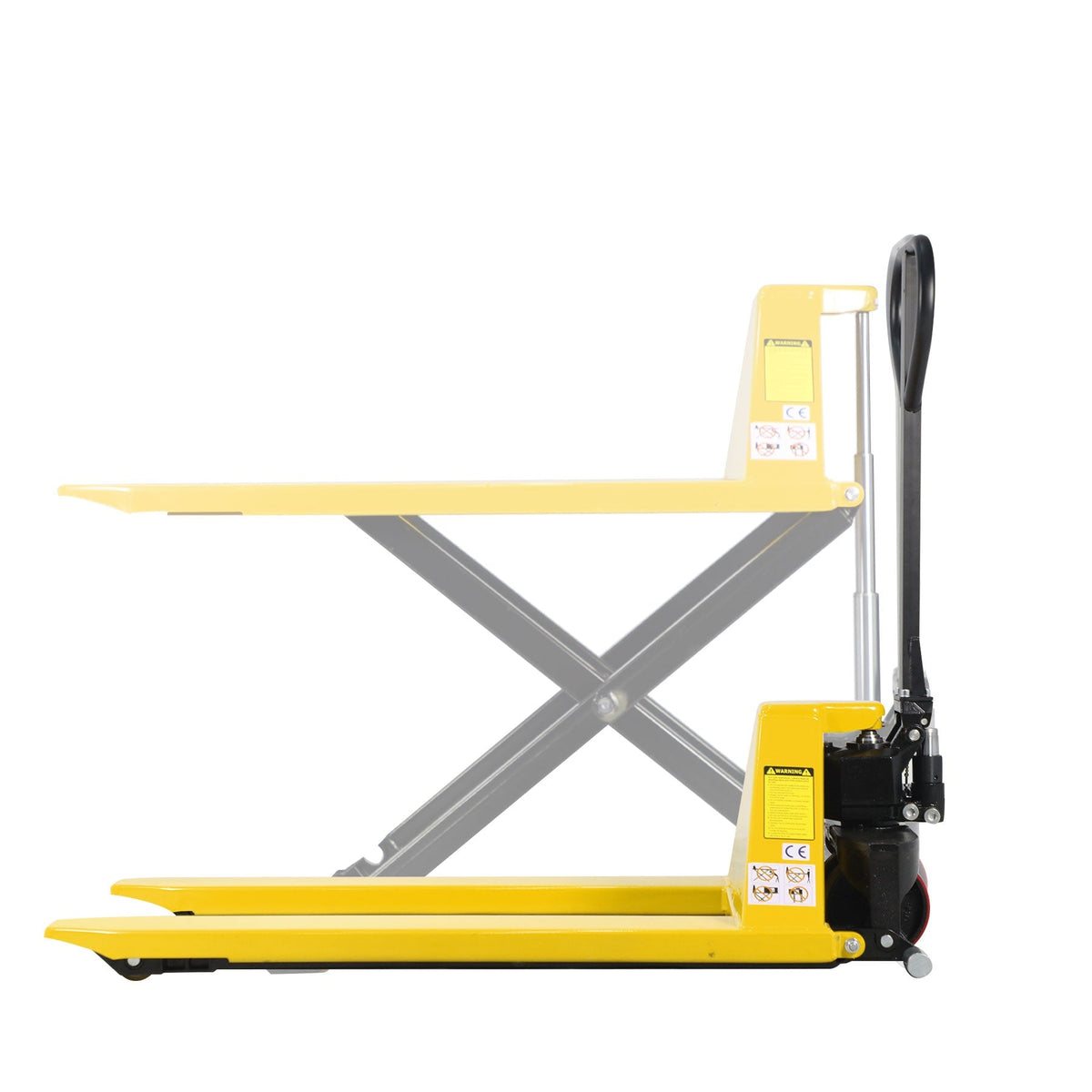 High lift pallet jack with extended forks and black hydraulic post, yellow body