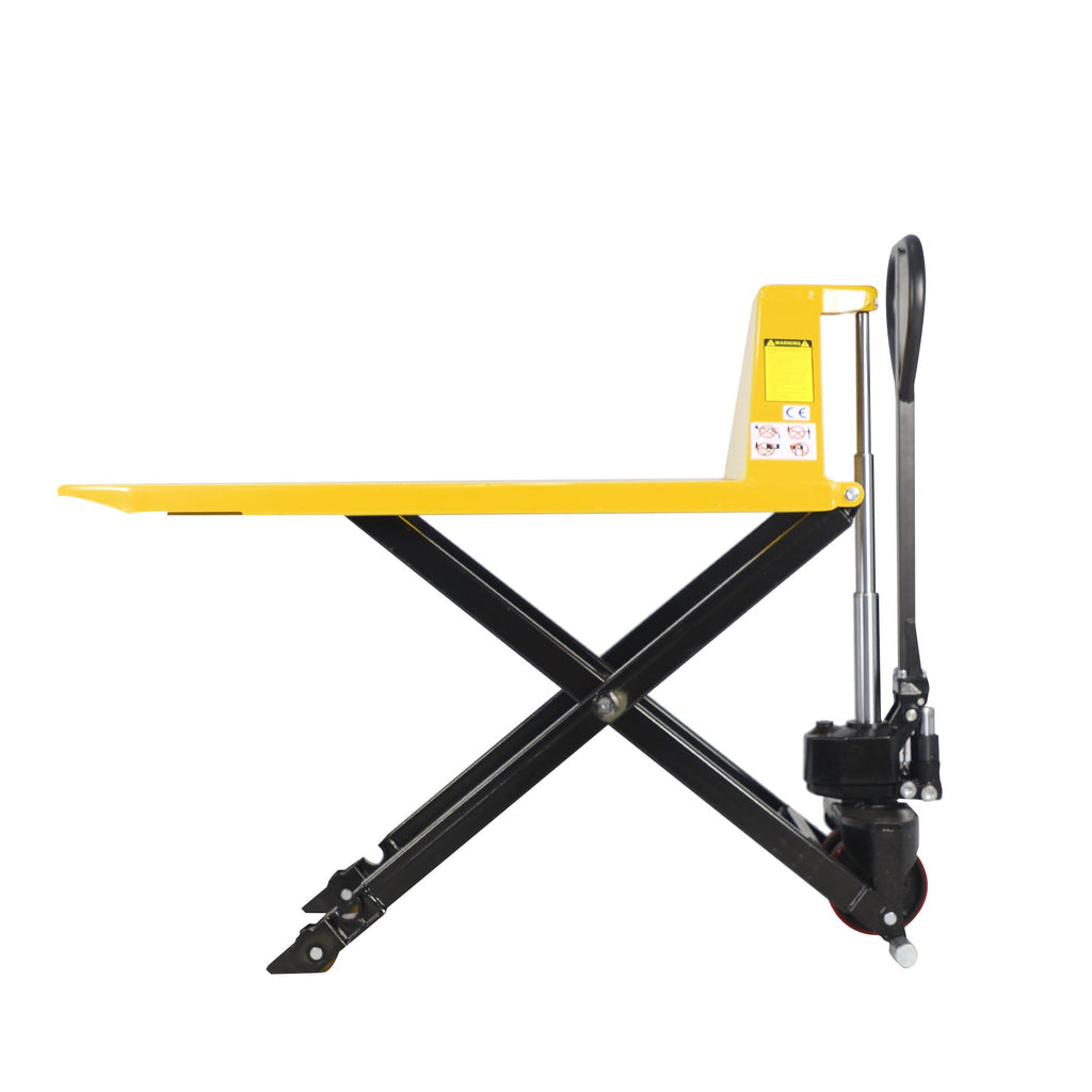 High lift pallet jack with black hydraulic assembly and yellow forks on scissor frame
