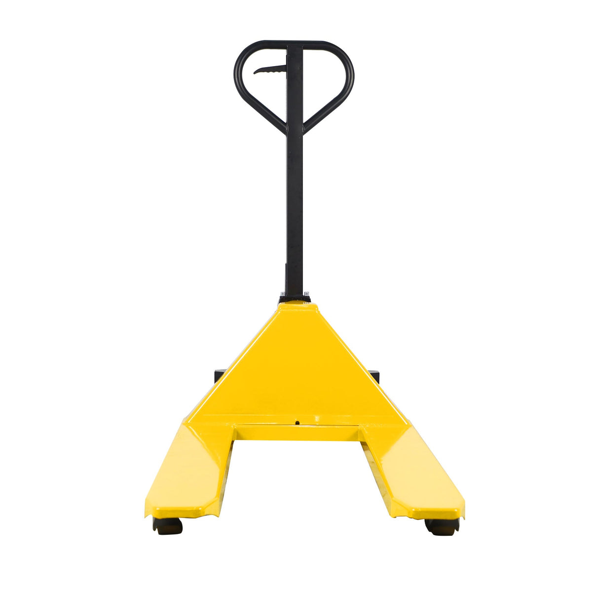 High lift pallet jack stand with yellow lift body and black handle, caster feet