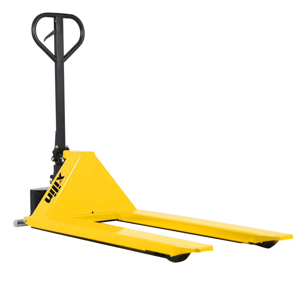 High lift pallet jack with yellow forks and upright handle, dark base wheels