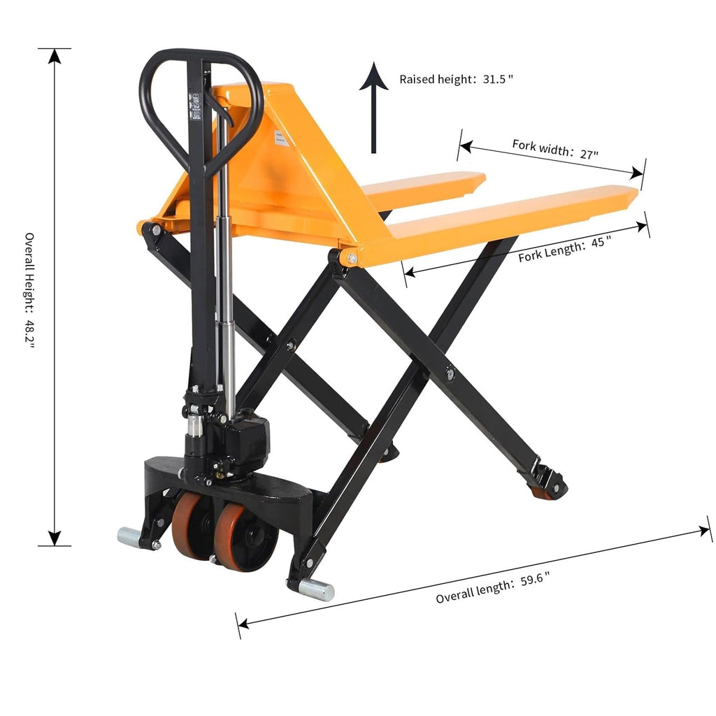 Orange high-lift pallet jack with black frame, raised forks and 4 roller wheels