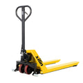 High lift pallet jack with yellow forks and black frame, red wheel guards