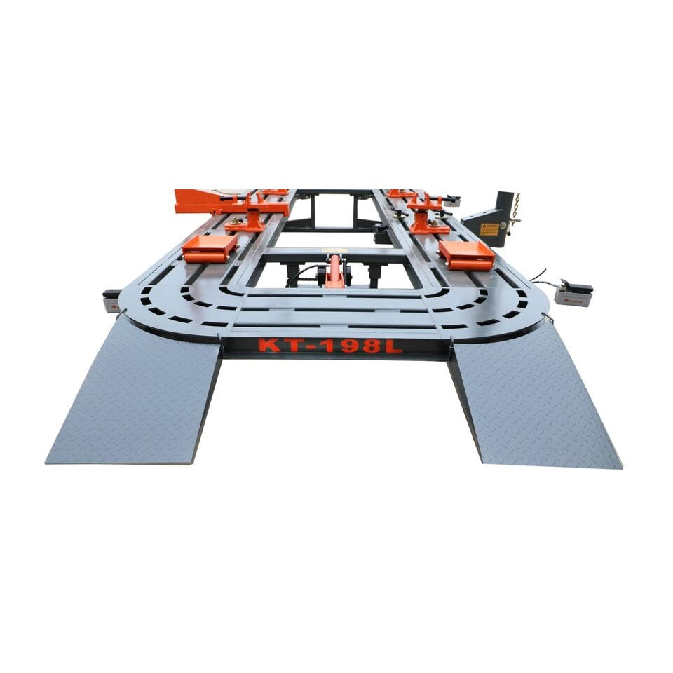 Auto body frame machine with gray platform, orange clamp accessories, and support legs
