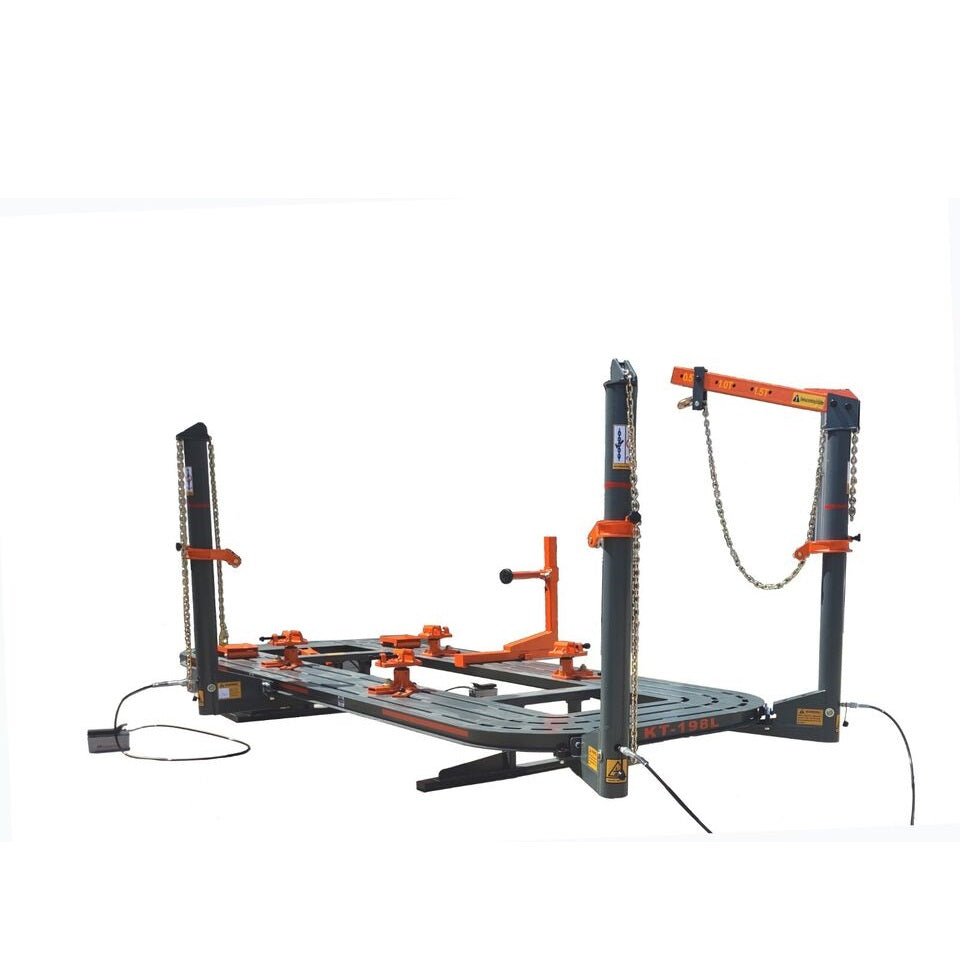 Auto body frame machine with two posts, chains, and orange clamp crossbars