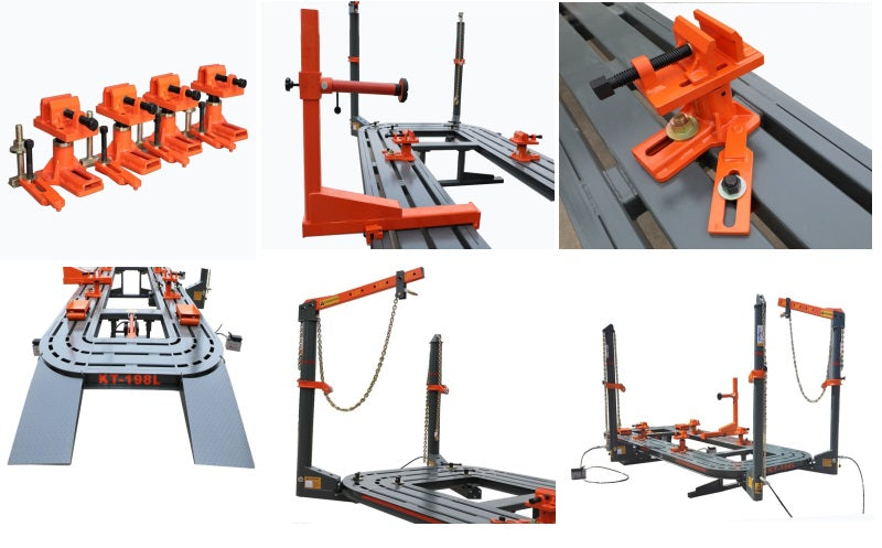 Auto body frame machine with orange clamps and hooks on a metal stand