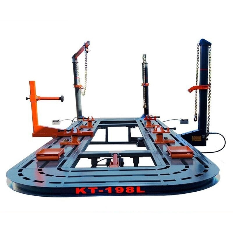 Auto body frame machine with orange clamps and black chain posts on round platform