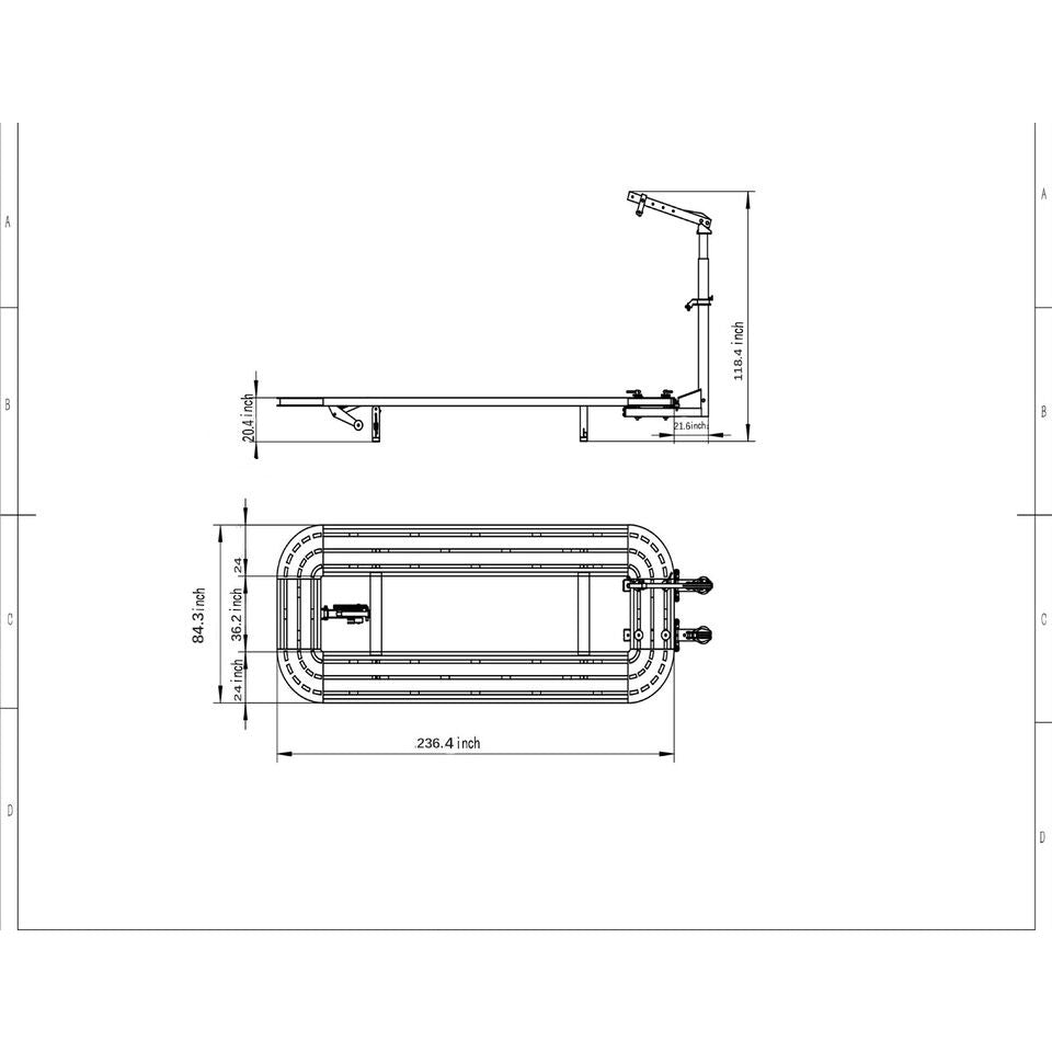 Auto body frame machine layout diagram with labeled measurements and base outline
