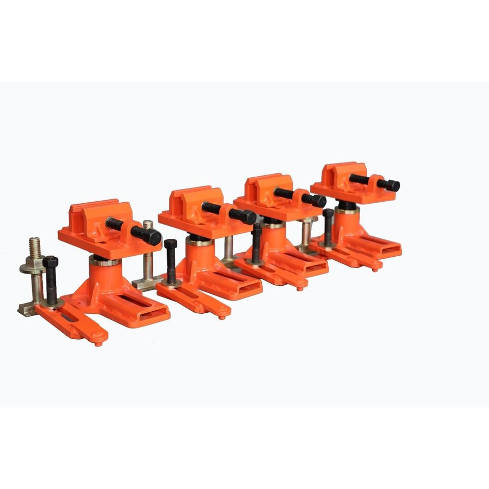 Orange clamp tool set with black mounting posts for auto body frame machine