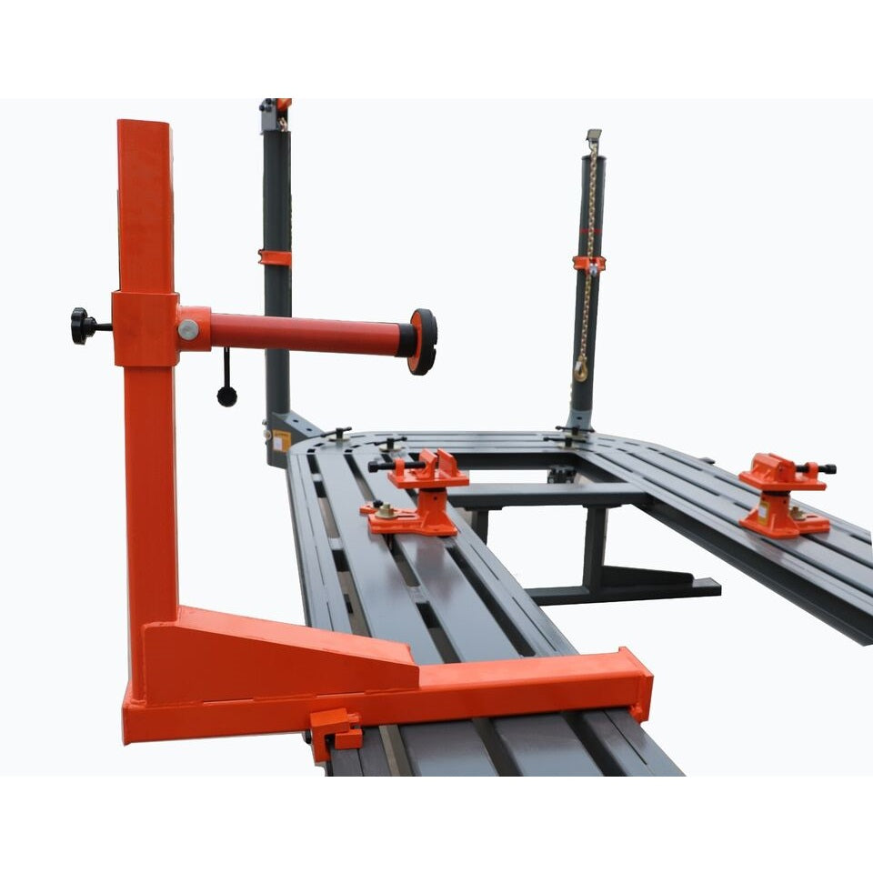 Auto body frame machine with tall orange post, chain hooks, and gray side rails