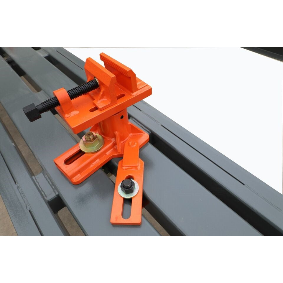 Orange clamp assembly with threaded screw and base bracket on gray track